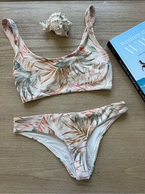Ripcurl Tropical Ribbed Scoop Bikini Set in Cream and Coral